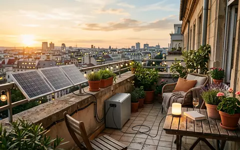 Fotorealistische Aufnahme von Balkonsolarspeicher am Abendbalkon zum Thema Anker SOLIX Solarbank 2, warmes Abendlicht - Foto: THN