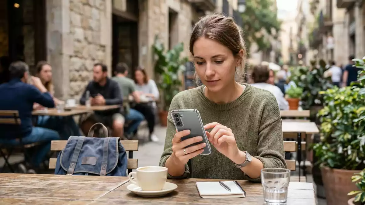 Fotorealistische Ansicht von Smartphonehuelle im Cafe in realer Umgebung, neutral