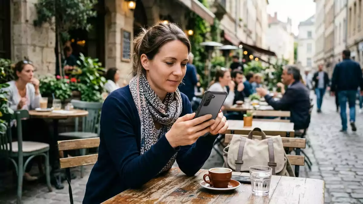 Fotorealistische Ansicht von Smartphonehuelle im Cafe in realer Umgebung, neutral