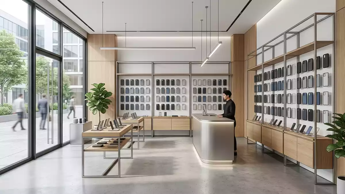 Architektur-Render im Handyzubehoergeschaeft mit Smartphonehuelle im Ausstellungsbereich