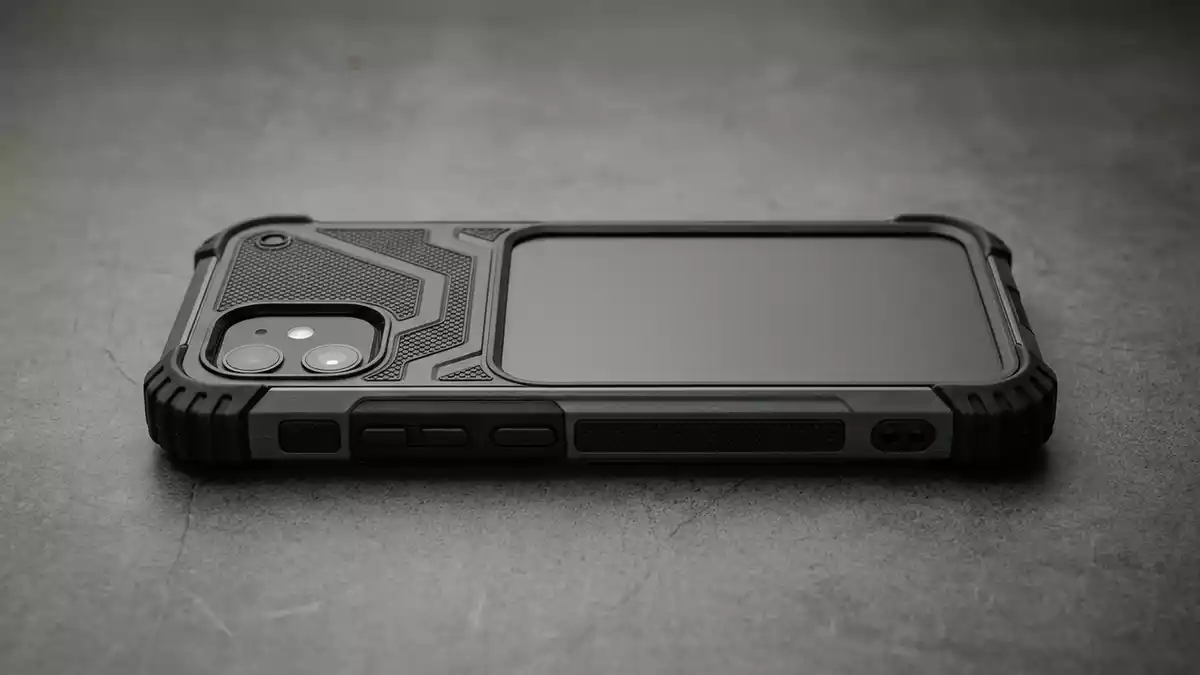 Fotorealistische Studioansicht von Smartphonehuelle in neutraler Produktdarstellung