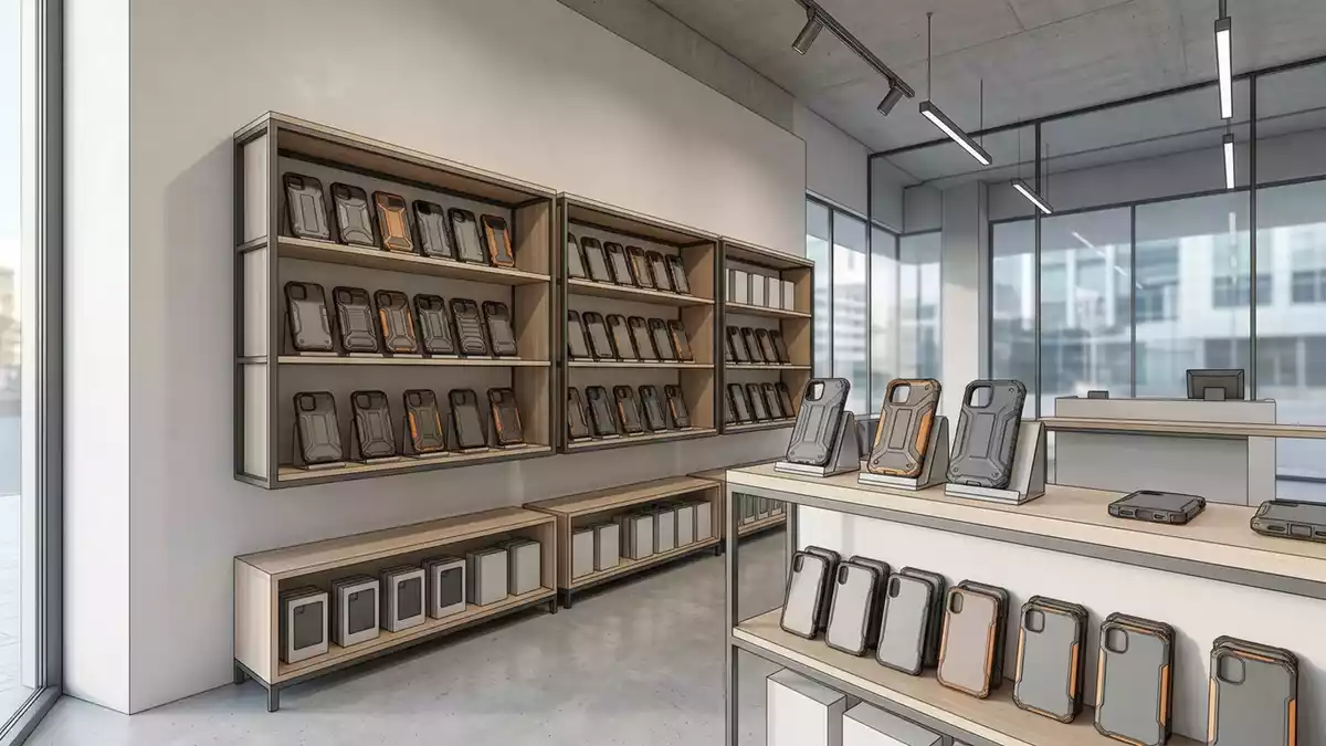 Architektur-Render im Handyzubehoergeschaeft mit Smartphonehuelle im Ausstellungsbereich