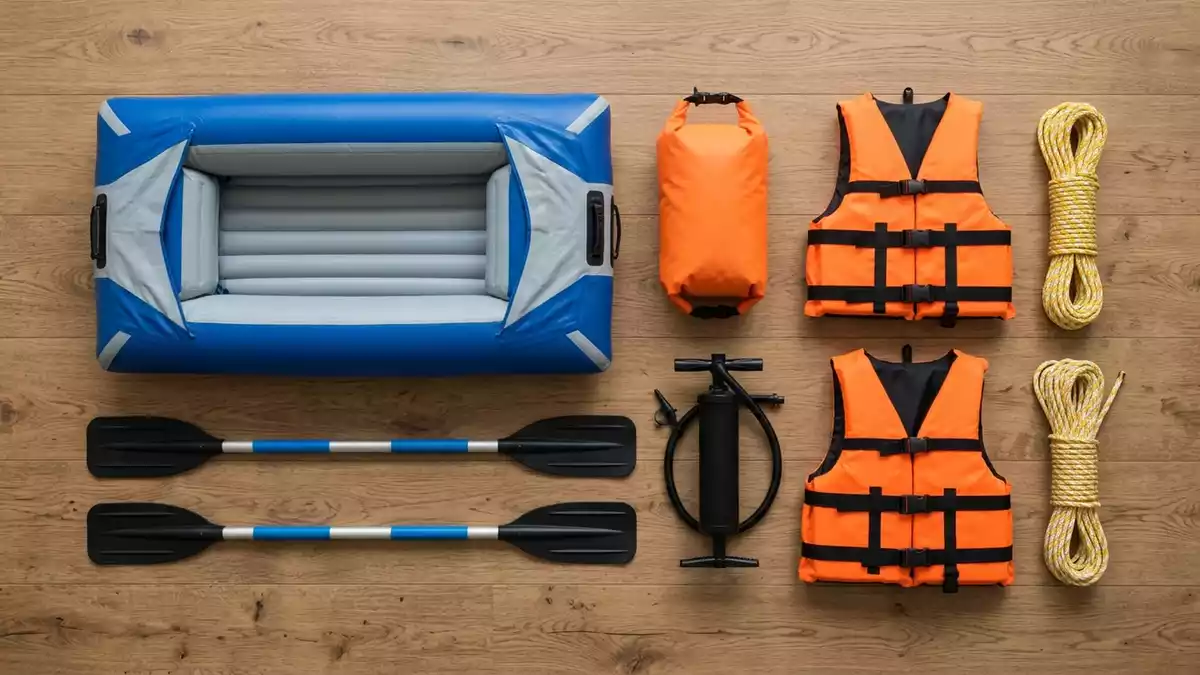 Flatlay-Arrangement rund um Schlauchboot mit passenden Requisiten von oben, neutral