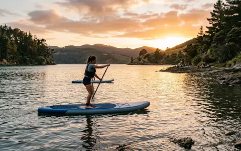 Fotorealistische Aufnahme von Stehpaddelbrett am Ufer zum Thema Bestway Hydro-Force SUP Board, warmes Abendlicht - Foto: THN