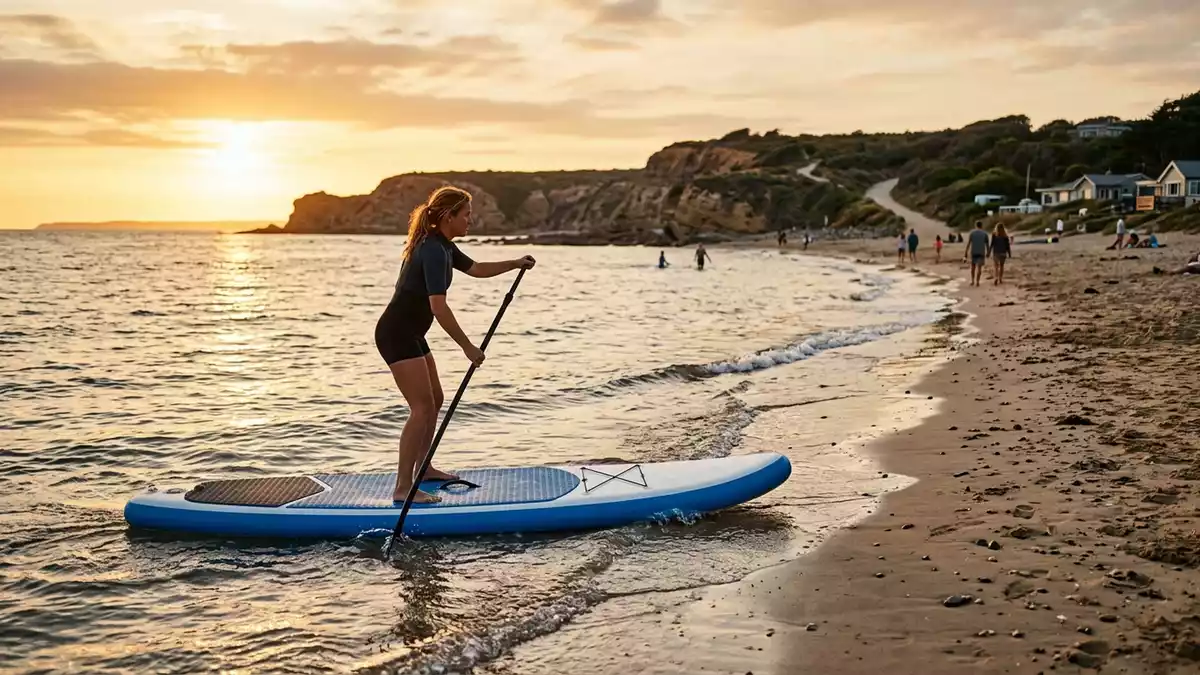Fotorealistische Ansicht von Surfbrett am Strand in warmem Abendlicht, neutral