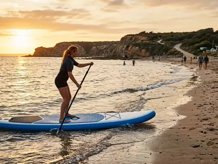 Fotorealistische Aufnahme von Surfbrett am Strand zum Thema Bestway Hydro-Force Surfboard 65305, warmes Abendlicht - Foto: THN