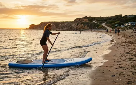 Fotorealistische Aufnahme von Surfbrett am Strand zum Thema Bestway Hydro-Force Surfboard 65305, warmes Abendlicht - Foto: THN