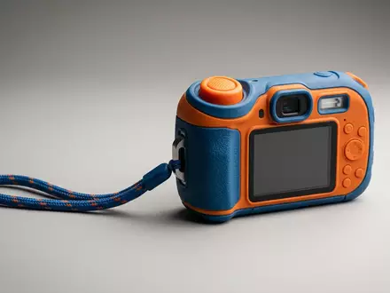 Fotorealistische Studioaufnahme von Spielzeugkamera zum Thema VTech Kidizoom Creator Cam, klare Lichtfuehrung - Foto: THN
