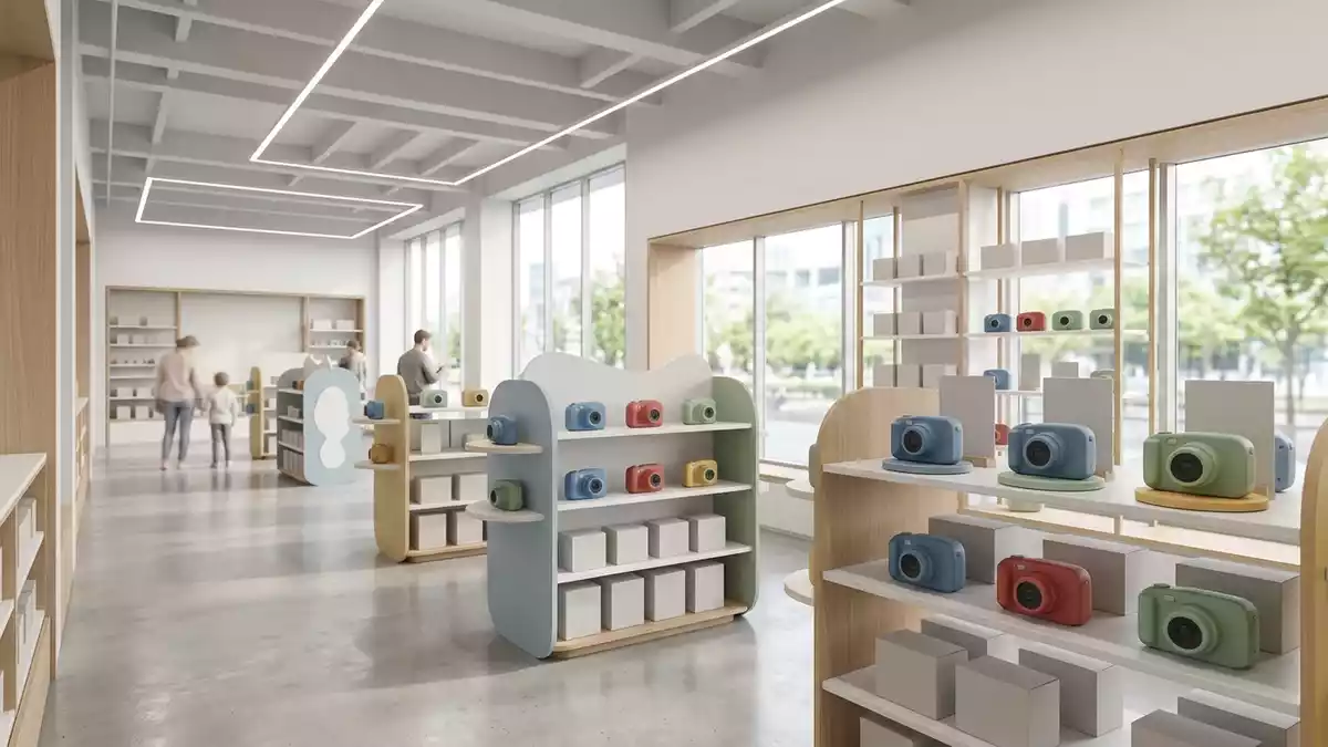 Architektur-Render im Spielwarengeschaeft mit Spielzeugkamera im Ausstellungsbereich