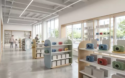 Architektur-Render im Spielwarengeschaeft mit Spielzeugkamera zum Thema VTech Kidizoom Creator Cam, neutrales Tageslicht - Foto: THN