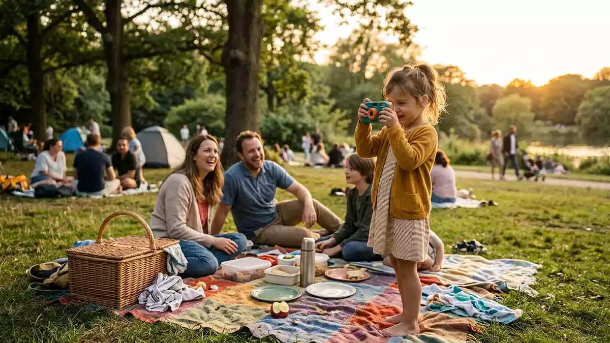 Fotorealistische Ansicht von Spielzeugkamera beim Picknick in warmem Abendlicht