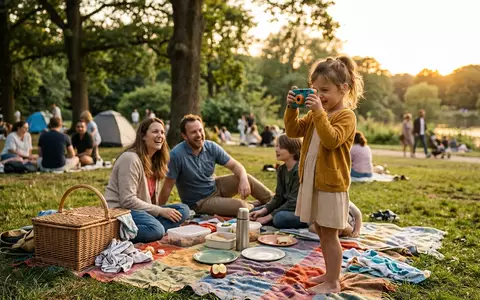 Fotorealistische Aufnahme von Spielzeugkamera beim Picknick zum Thema VTech Kidizoom Creator Cam, warmes Abendlicht - Foto: THN