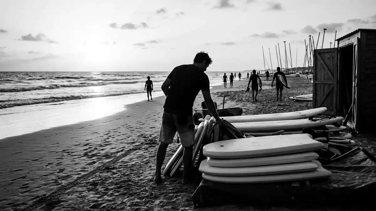 Schwarzweiss-Reportagebild mit Bodyboard in dokumentarischer Arbeitsumgebung, neutral