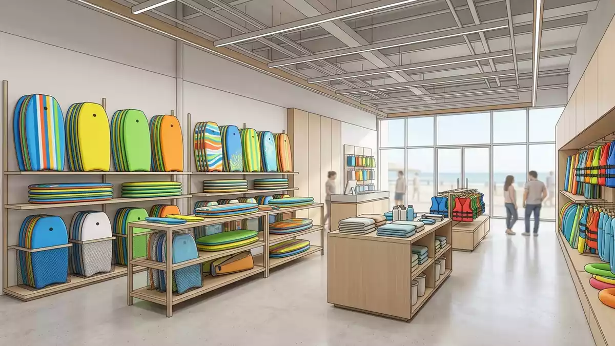 Architektur-Render im Wassersportgeschaeft mit Bodyboard im Ausstellungsbereich