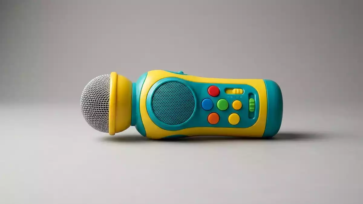 Fotorealistische Studioansicht von Kindermikrofon in neutraler Produktdarstellung