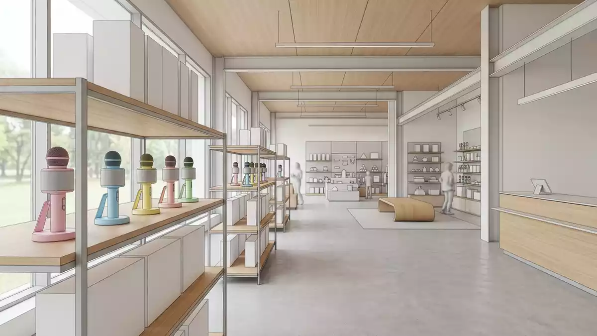 Architektur-Render im Spielwarengeschaeft mit Kindermikrofon im Ausstellungsbereich