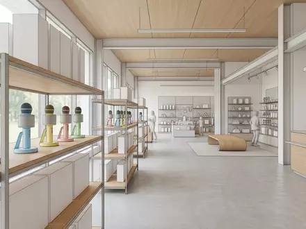 Architektur-Render im Spielwarengeschaeft mit Kindermikrofon zum Thema VTech Kidi Super Star, neutrales Tageslicht - Foto: THN