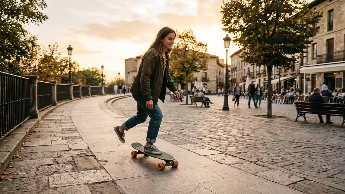 Fotorealistische Ansicht von Cruiserboard am Platz in warmem Abendlicht, neutral