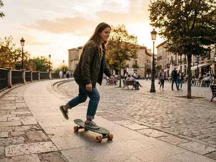 Fotorealistische Aufnahme von Cruiserboard am Platz zum Thema Penny Skateboards Nickel 27, warmes Abendlicht - Foto: THN
