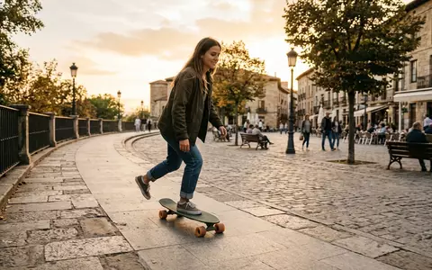 Fotorealistische Aufnahme von Cruiserboard am Platz zum Thema Penny Skateboards Nickel 27, warmes Abendlicht - Foto: THN