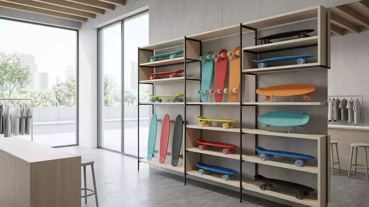 Architektur-Render im Skateshop mit Cruiserboard im Ausstellungsbereich, neutral