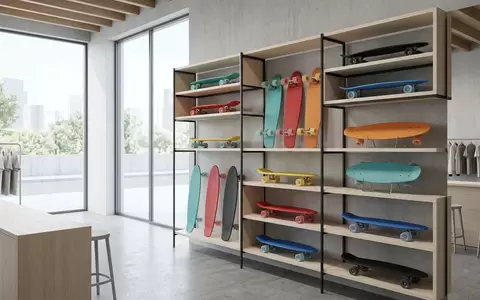 Architektur-Render im Skateshop mit Cruiserboard zum Thema Penny Skateboards Original 22, neutrales Tageslicht - Foto: THN