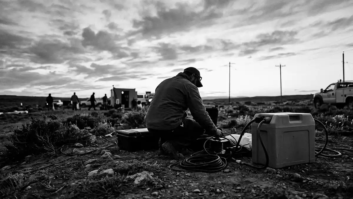 Schwarzweiss-Reportagebild mit Powerstation in dokumentarischer Arbeitsumgebung