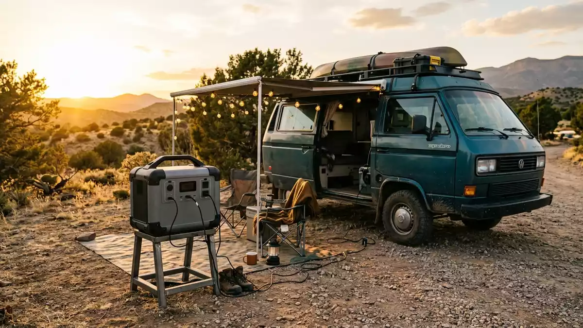 Fotorealistische Ansicht von Powerstation am Wohnmobil in warmem Abendlicht, neutral