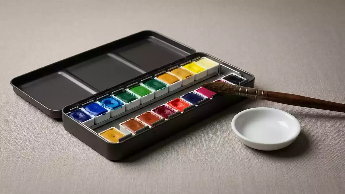 Fotorealistische Studioansicht von Aquarell Set in neutraler Produktdarstellung