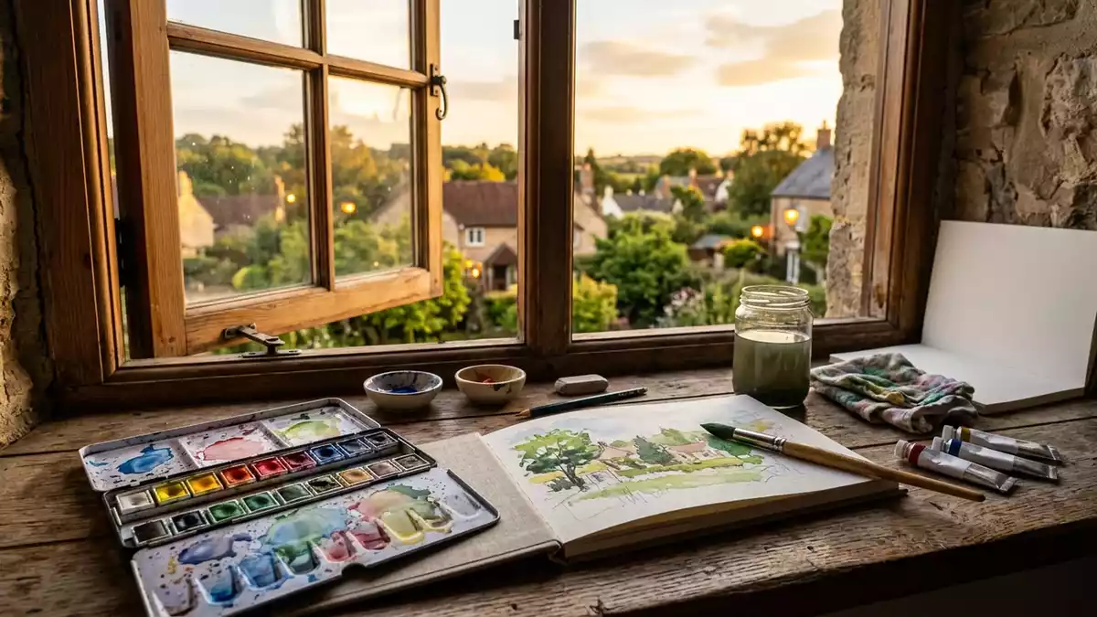 Fotorealistische Ansicht von Aquarell Set am Fenster in warmem Abendlicht, neutral