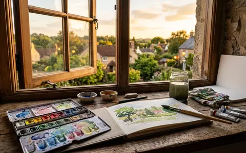 Fotorealistische Aufnahme von Aquarell Set am Fenster zum Thema Faber-Castell Creative Studio Aquarell-Set, warmes Abendlicht - Foto: THN