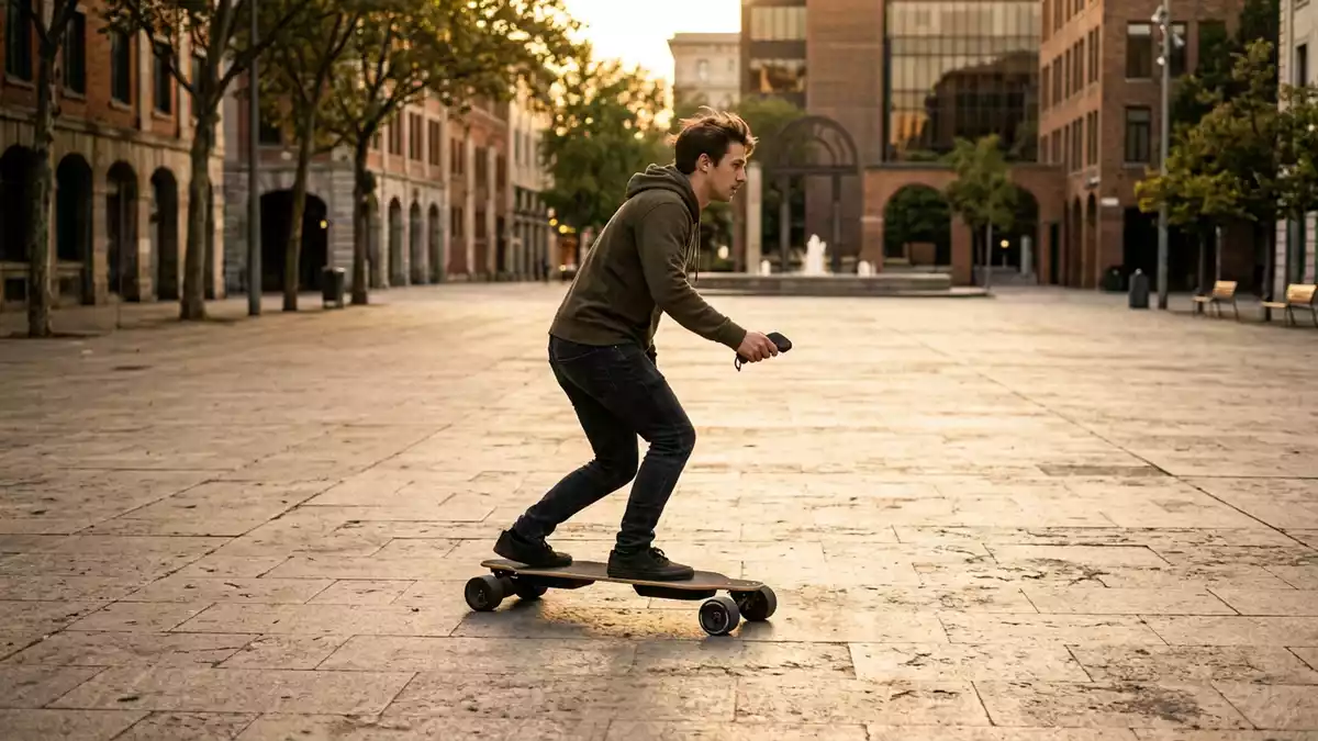Fotorealistische Ansicht von Elektro Skateboard auf dem Platz in warmem Abendlicht