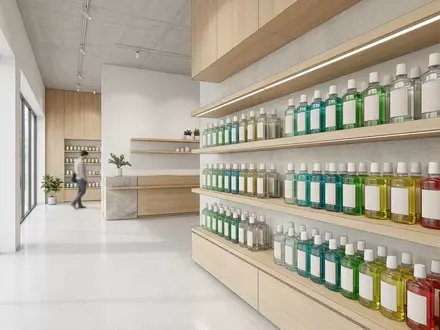 Architektur-Render im Drogeriefachmarkt mit Mundwasser zum Thema Listerine Cool Mint Mundwasser, neutrales Tageslicht - Foto: THN