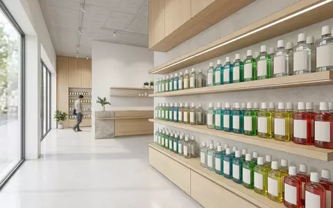 Architektur-Render im Drogeriefachmarkt mit Mundwasser zum Thema Listerine Cool Mint Mundwasser, neutrales Tageslicht - Foto: THN