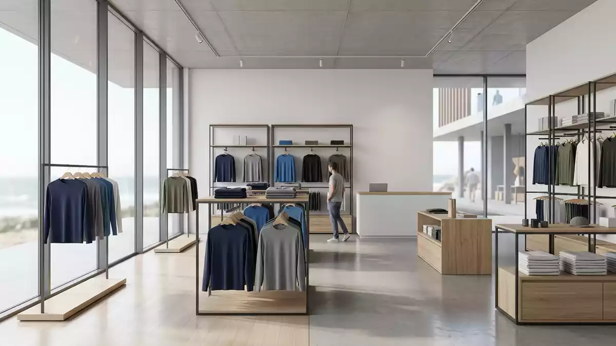 Architektur-Render im Wassersportladen mit UV-Schutzshirt im Ausstellungsbereich