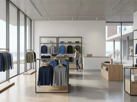 Architektur-Render im Wassersportladen mit UV-Schutzshirt zum Thema Lizard Skins Herren UV-Schutz, neutrales Tageslicht - Foto: THN