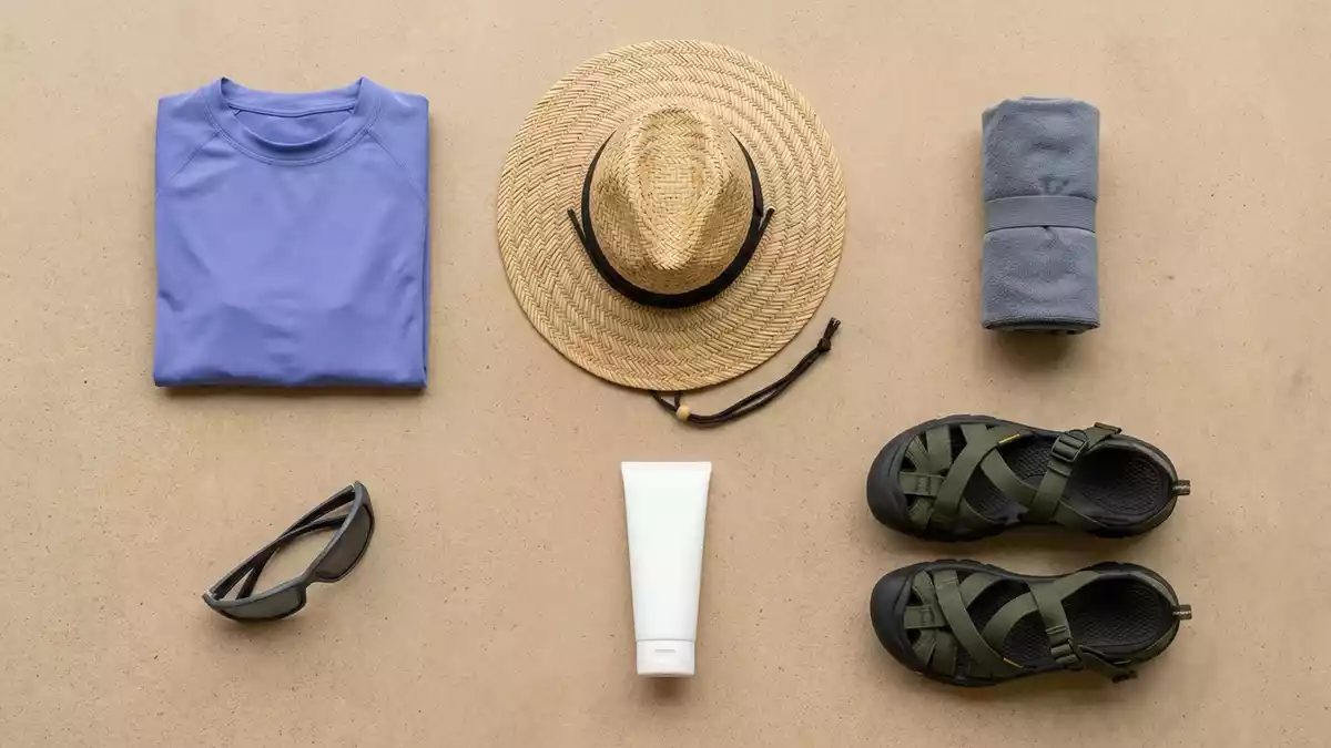 Flatlay-Arrangement rund um UV-Schutzshirt mit passenden Requisiten von oben, neutral
