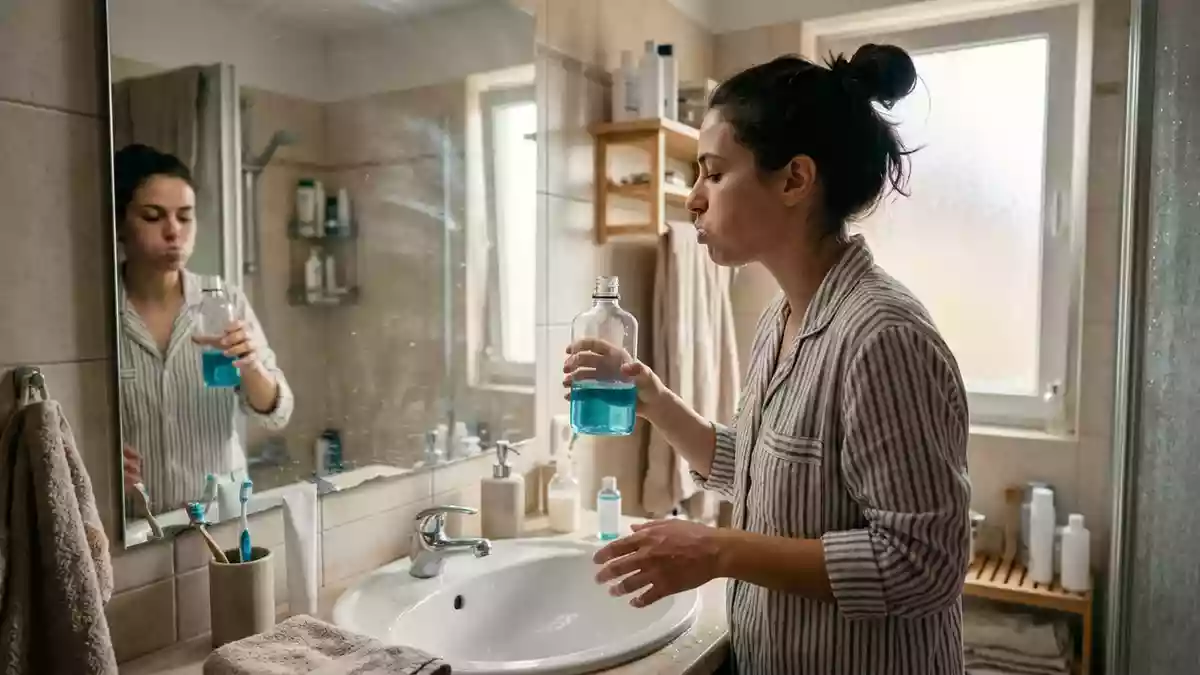 Fotorealistische Ansicht von Mundspuelung im Badezimmer in realer Umgebung, neutral