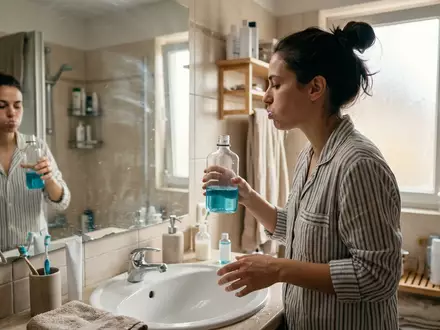 Fotorealistische Aufnahme von Mundspuelung im Badezimmer zum Thema Listerine Zero Alkoholfrei Mundspülung, natuerliches Licht - Foto: THN