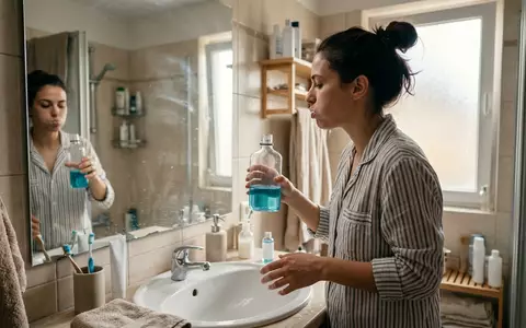 Fotorealistische Aufnahme von Mundspuelung im Badezimmer zum Thema Listerine Zero Alkoholfrei Mundspülung, natuerliches Licht - Foto: THN