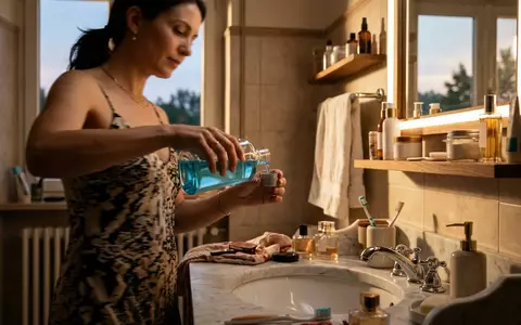Fotorealistische Aufnahme von Mundspuelung vor dem Ausgehen zum Thema Listerine Zero Alkoholfrei Mundspülung, warmes Abendlicht - Foto: THN