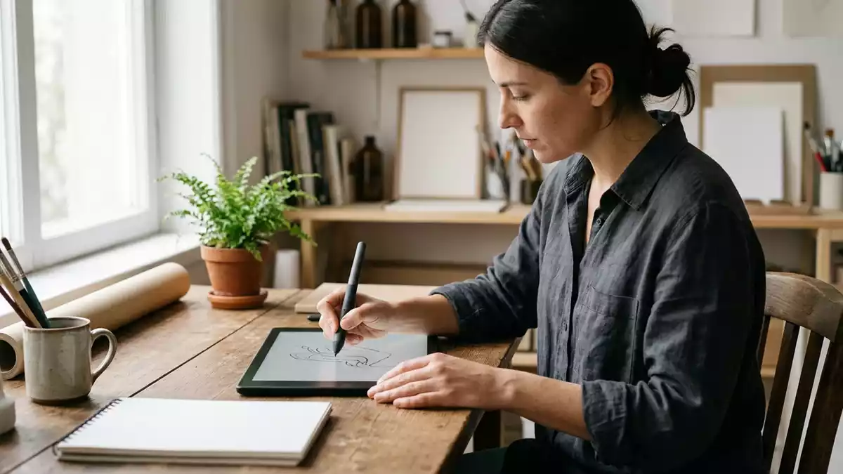 Fotorealistische Ansicht von Digitalstift im Kreativstudio in realer Umgebung, neutral