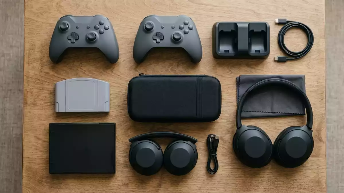 Flatlay-Arrangement rund um Konsolenspiel mit passenden Requisiten von oben, neutral