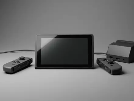 Fotorealistische Studioaufnahme von Spielekonsole zum Thema Nintendo Switch, klare Lichtfuehrung, sachlich dargestellt - Foto: THN