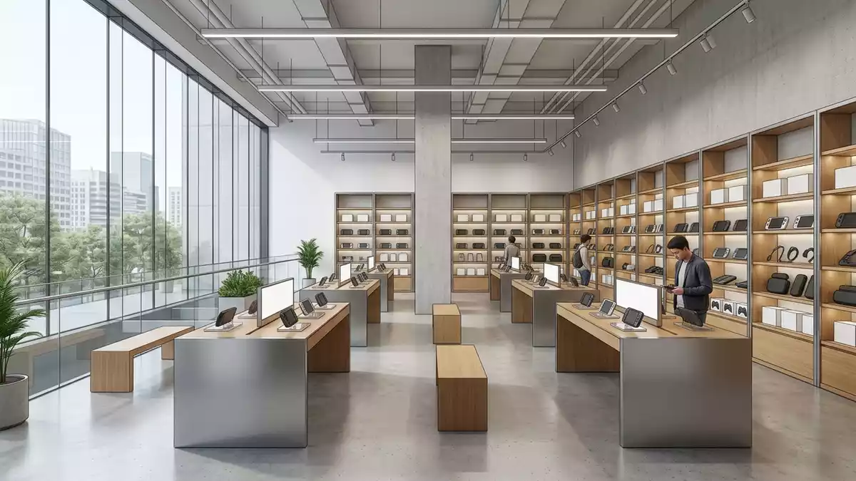 Architektur-Render im Elektronikgeschaeft mit Spielekonsole im Ausstellungsbereich