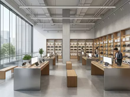 Architektur-Render im Elektronikgeschaeft mit Spielekonsole zum Thema Nintendo Switch, neutrales Tageslicht, sachlich dargestellt - Foto: THN