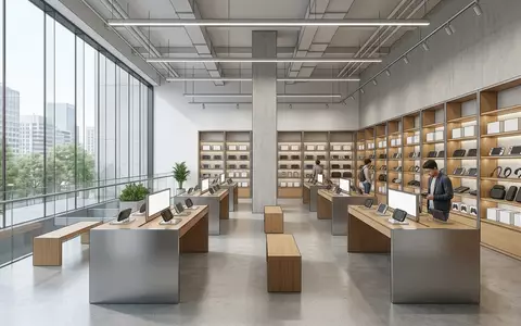 Architektur-Render im Elektronikgeschaeft mit Spielekonsole zum Thema Nintendo Switch, neutrales Tageslicht, sachlich dargestellt - Foto: THN