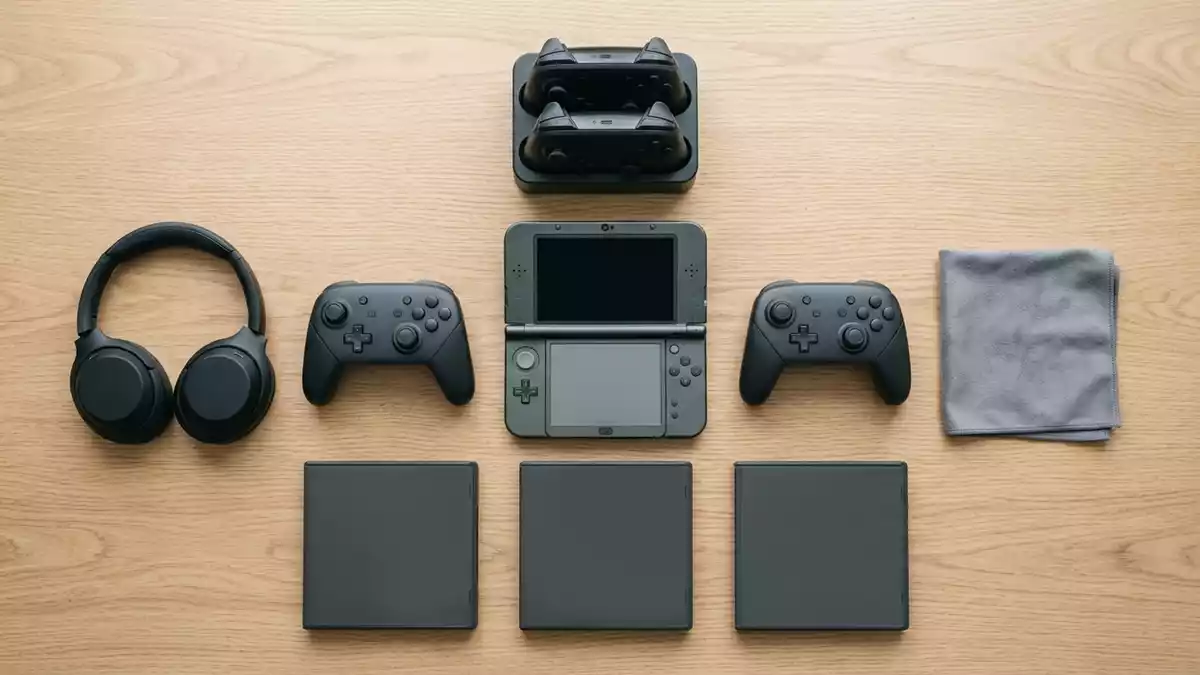 Flatlay-Arrangement rund um Spielekonsole mit passenden Requisiten von oben, neutral