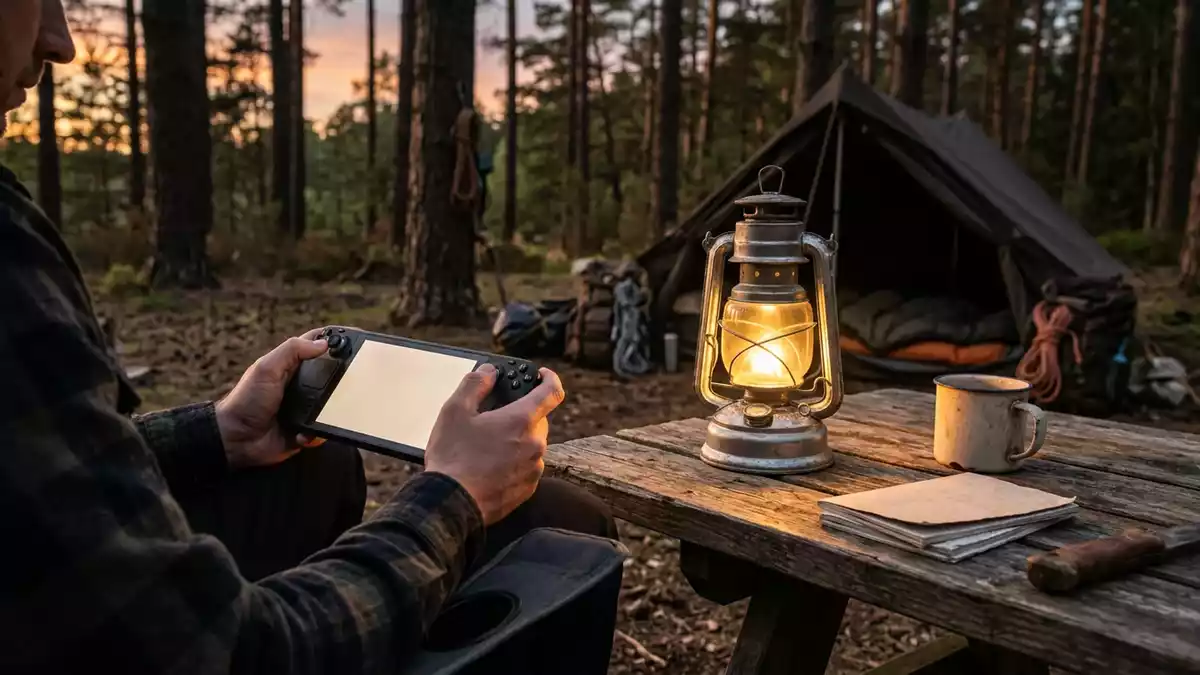 Fotorealistische Ansicht von Spielekonsole am Campingplatz in warmem Abendlicht