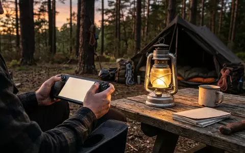 Fotorealistische Aufnahme von Spielekonsole am Campingplatz zum Thema Nintendo Switch, warmes Abendlicht - Foto: THN